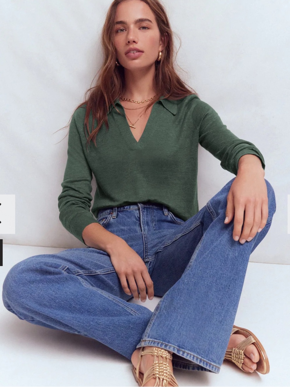 Boden Agnes Collared Linen Jumper V Neck Sweater Green Jasper Sz Large - Picture 9 of 10